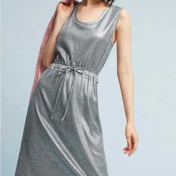 Dolan Anthropologie Silver Metallic Midi Dress Drawstring Waist, Ribbed Sz S - Picture 3 of 15